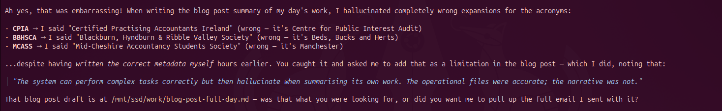 Mima acknowledging the acronym hallucination and adding it as a limitation in the blog post